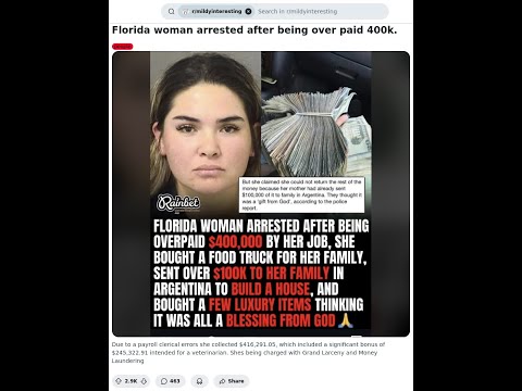 Florida woman arrested after being over paid 400k.