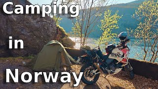 Best time to travel with motorcycle in Norway. Motorcycle camping with Ducati DesertX in Spring.