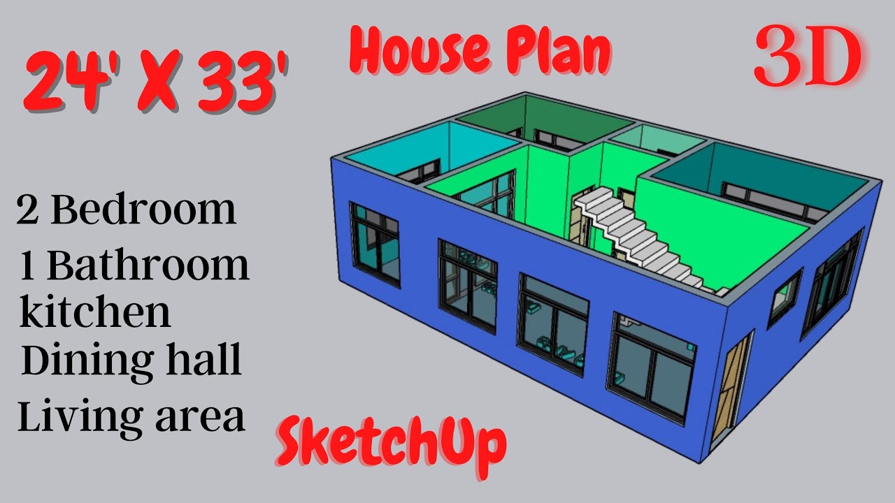 24 X 33 House Plan  2 Bedroom 1 Bathroom Kitchen Dining and living area stair 2021 design SketchUp