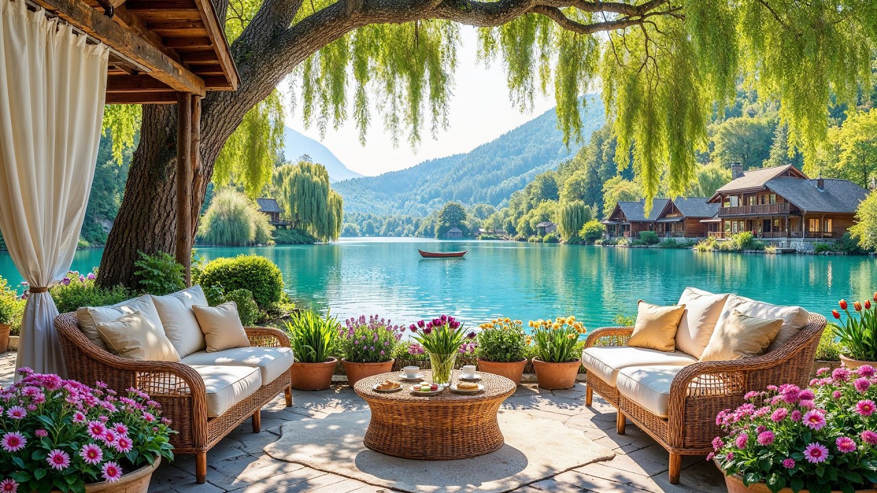 🌿 Кафе у озера с уютным садом и ненавязчивой джазовой музыкой | Спокойная атмосфера весеннего утр...