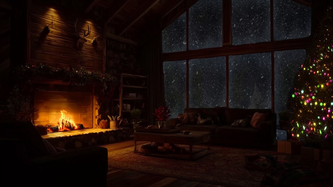Cozy Christmas Cabin Ambience 🎄 Crackling Fireplace & Snowstorm Sounds ...