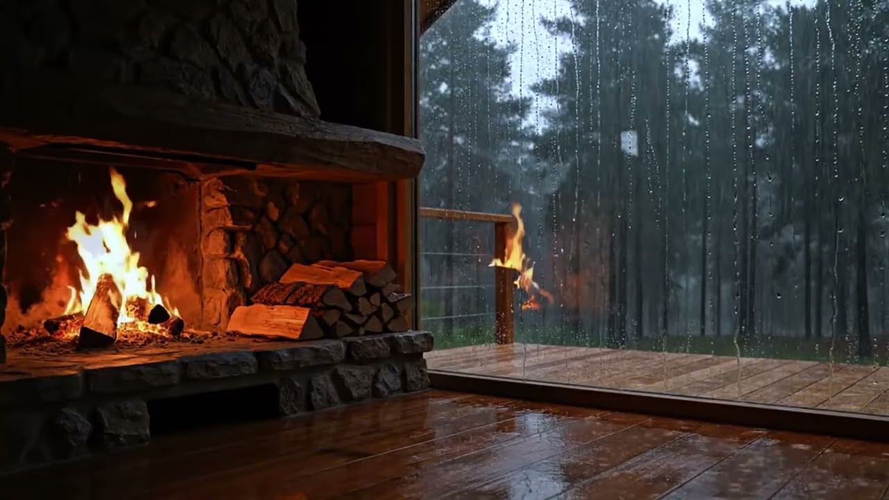 Instant Deep Sleep 🌧️ Heavy Rain Outside a Warm Cabin | Fireplace Sounds