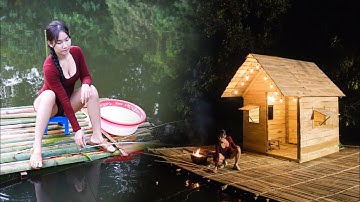 Solo Girl Builds a Floating House and Catches Fish for a Fresh Lake Dinner