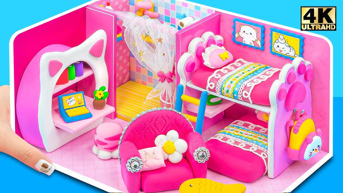 Building Cute Pink Hello Kitty Bedroom has Bunk Bed, Rainbow Slide Pool ❤️  DIY Miniature Clay House 