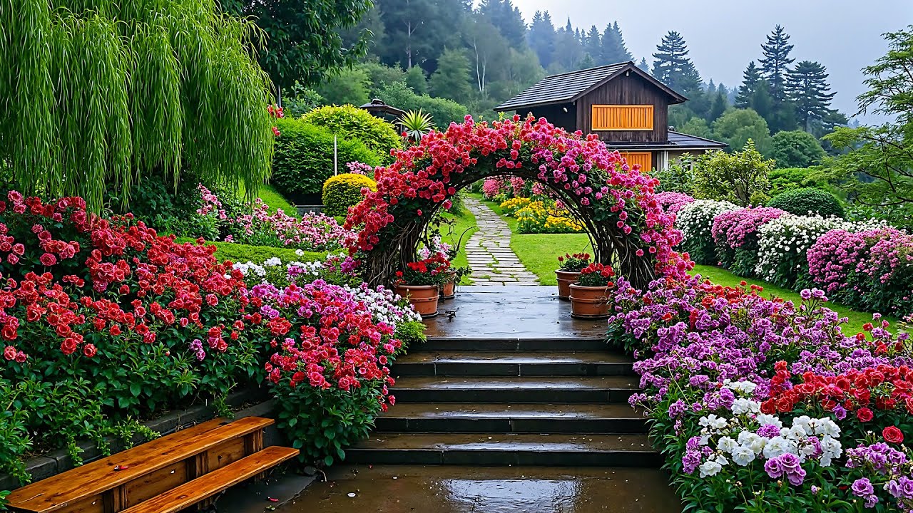 Умиротворяющий сад дождя 🏡 Расслабляющая музыка и потрясающие идеи дизайна сада для внутреннего с...