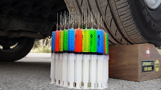 Crushing Crunchy \& Soft Things by Car! - Experiment CAR VS RAINBOW SYRINGES