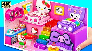 Make Pink Hello Kitty House with Two Bedroom, Purple Room for Kuromi from Clay - DIY Miniature House