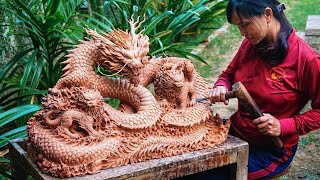 Carving Dragons from a piece of Wood - Ingenious Chainsaw Carving skill | Best Wood Carving