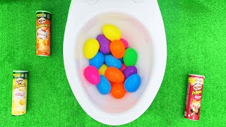Experiment , Will it Flush  Rainbow Surprise Eggs and Pringles