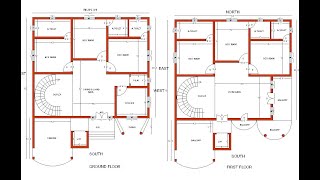 3 bed room house plan | ground + first floor plan | 6 bed room with a.toilet | south face house plan