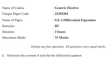 GE-3 Differential Equations General Elective | Previous Year Question Paper