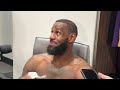 LeBron James talks to the media after the Lakers' win over 76ers