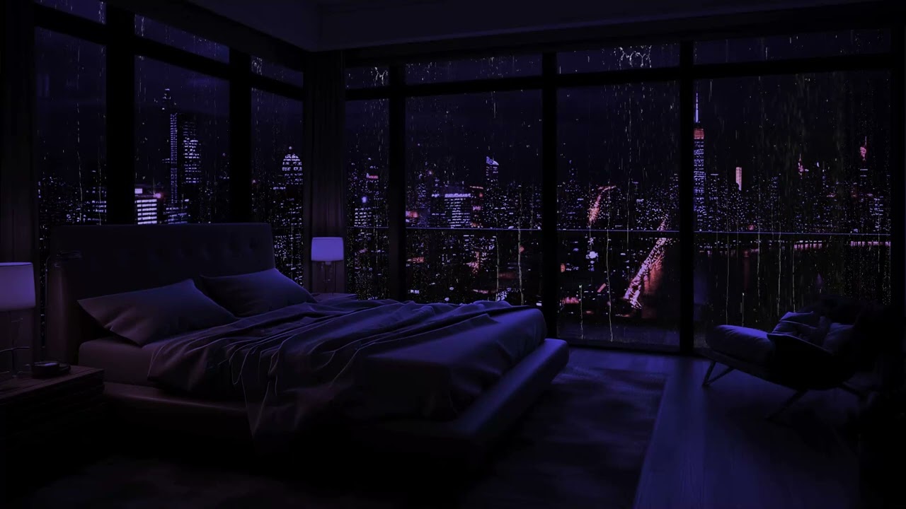 Gemütliches Schlafzimmerglück mit ruhiger Nachtansicht und beruhigendem Fensterregen 🛌🌧️