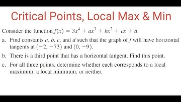 CRITICAL POINTS, LOCAL MAX MIN: Find a, b, c & d Using Points With Horizontal Tangent