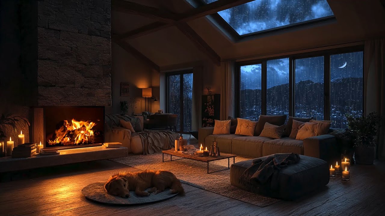 Cozy Cabin Fireplace at Night 🔥 | Relaxing Rain & Mountain Ambience ...