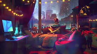 4k Screensaver - A girl wearing headphones listening to music and reading a book on a rainy day