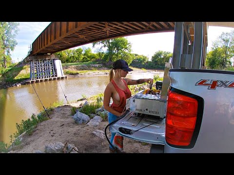 Truck Camping Under a Remote Bridge In the WOODS!!! (Fishing Cooking Camping!!)