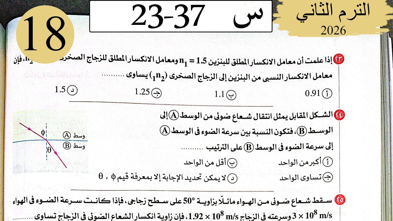 فيزياء 2ث - حل انتشار وانعكاس وانكسار الضوء - الاختيار2 - كتاب الامتحان 2026