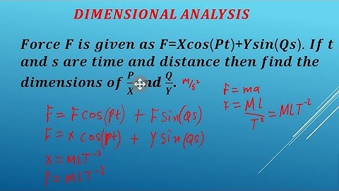 DIMENSIONAL ANALYSIS 𝑭𝒐𝒓𝒄𝒆 𝑭 𝒊𝒔 𝒈𝒊𝒗𝒆𝒏 𝒂𝒔 𝑭=𝑿𝒄𝒐𝒔(𝑷𝒕)+𝒀𝒔𝒊𝒏(𝑸𝒔).𝑰𝒇 𝒕 𝒂𝒏𝒅 𝒔 𝒂𝒓𝒆 𝒕𝒊𝒎𝒆 𝒅𝒊𝒔𝒕𝒂𝒏𝒄𝒆.𝒇𝒊𝒏𝒅 dimen