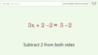 Linear equation with one unknown: Solve 3x+2=5 step-by-step solution