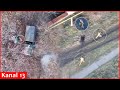 Russian driver struggles with the drone - Getting out of the truck he starts running