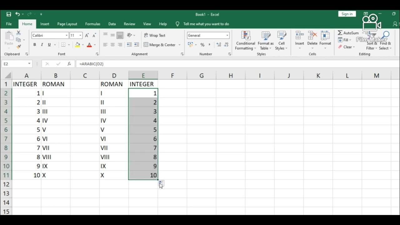 How to use arabic function in ms excel convert roman to integer and