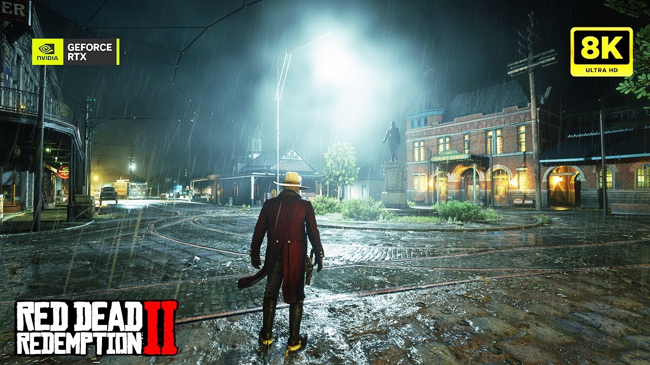 [4K] Arthur Morgan Relaxing Midnight Walking in Thunderstorm - Red Dead Redemption 2