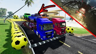 Double Flatbed Trailer Truck vs Speedbumps Train vs Cars | Tractor vs Train Beamng.Drive #10