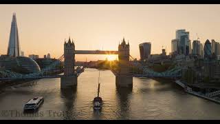 Tower Bridge From The Air. Amazing London Skyline At Sunset.