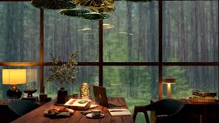 4K RAINY DAY COFFEE SHOP FOREST AMBIENCE: Piano Music and Rain Sounds