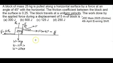 A block of mass 25 kg is pulled along a horizontal surface by a force at an angle of 45 degree|2025