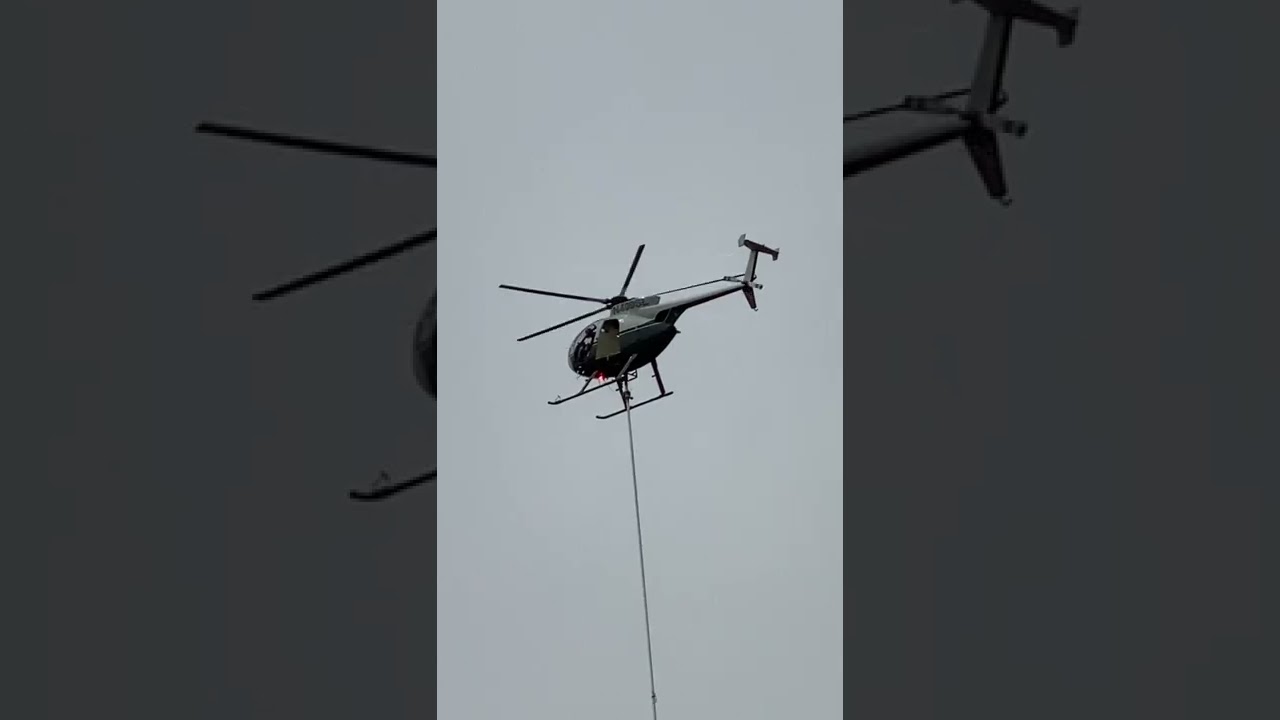 Helicopter dangles huge tree cutter