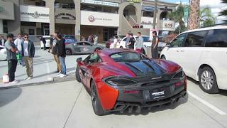 An orange mclaren 570s arriving at and leaving hing wa lee plaza, a
checkpoint in 70 mile saturday's oc poker run. (january 21, 2017 /
walnut, ca)