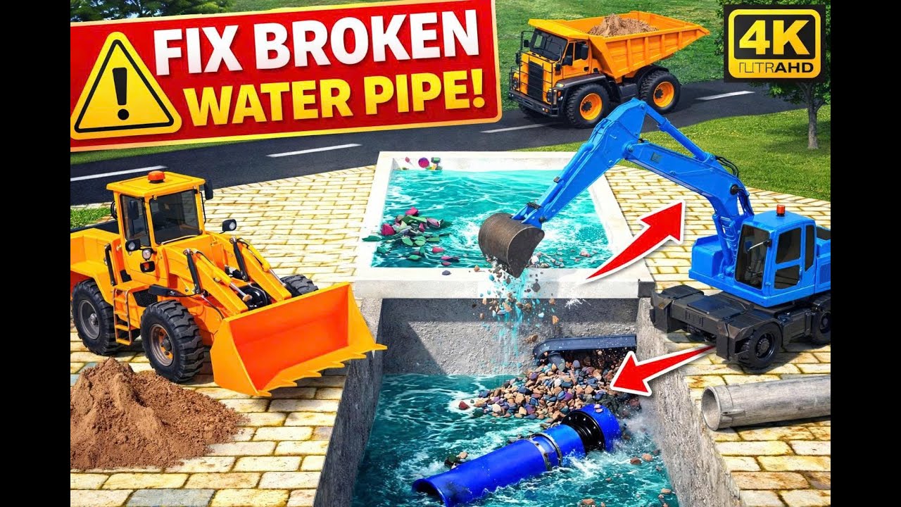EXCAVATOR & DUMP TRUCK Fix a BROKEN WATER PIPE  | Satisfying Construction Vehicles for Kids