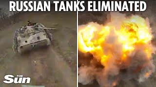 Terrified Russian soldiers spot Ukraine suicide drone at last second as it dives on their tank