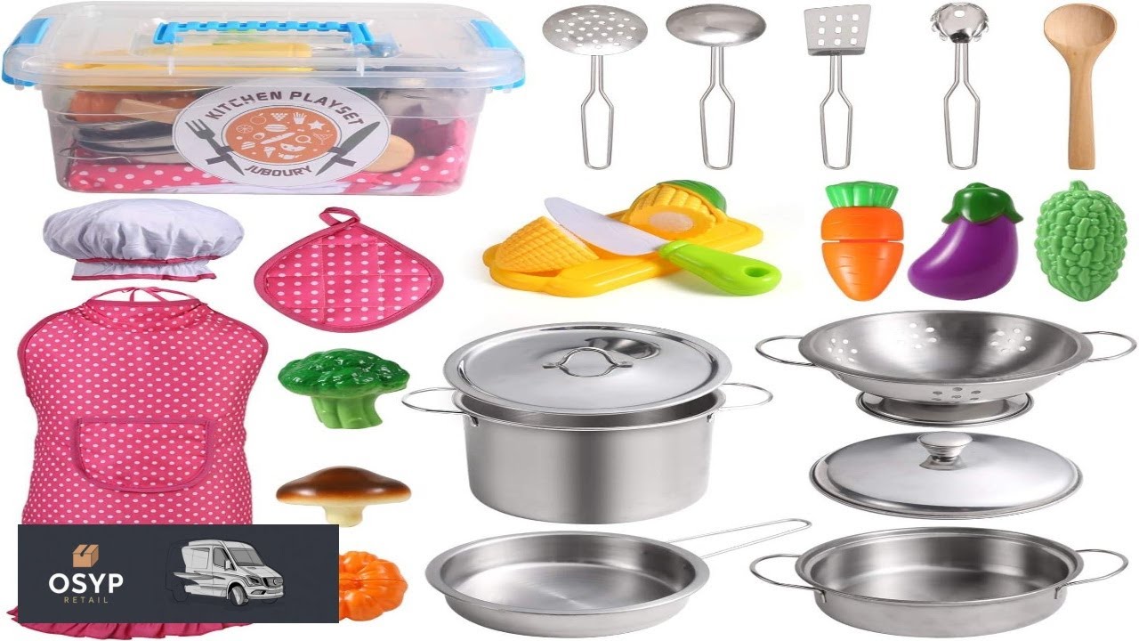 Juboury Kitchen Pretend Play Toys with Stainless Steel Cookware Pots and Pans