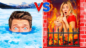 Extreme Hot vs Cold Hide and Seek Challenge! Last Girl To Survive Fire & Icy Pool for 24 Hours Wins