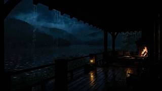 No Ads ⛈🌲 Heavy Rainstorm in Deep Forest | Lake Ambience & Warm Fireplace for Instant Sleep 🔥