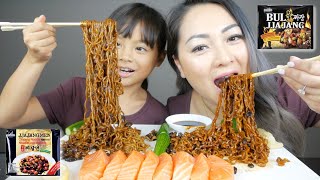 Spicy Korean Black Bean Noodles with Salmon Sashimi Mukbang | N.E Let's Eat