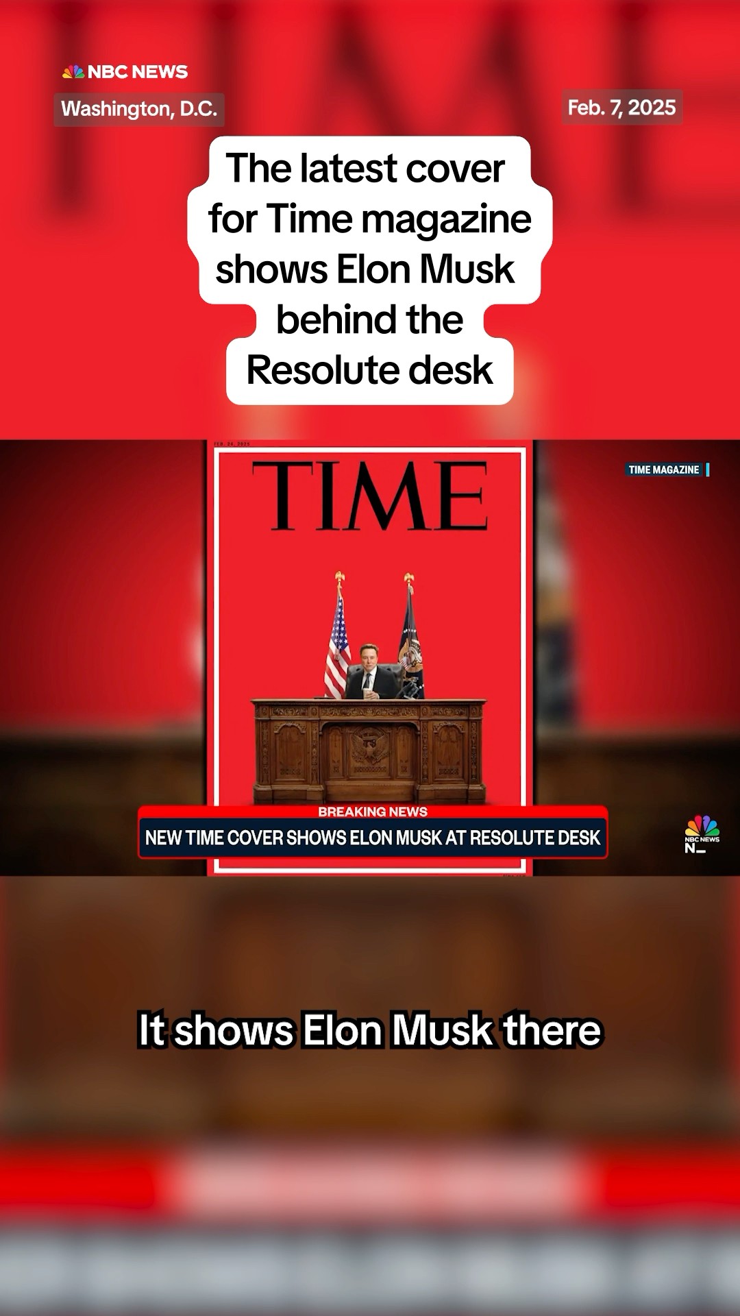 Elon Musk shown behind the president's desk on Time magazine's latest cover