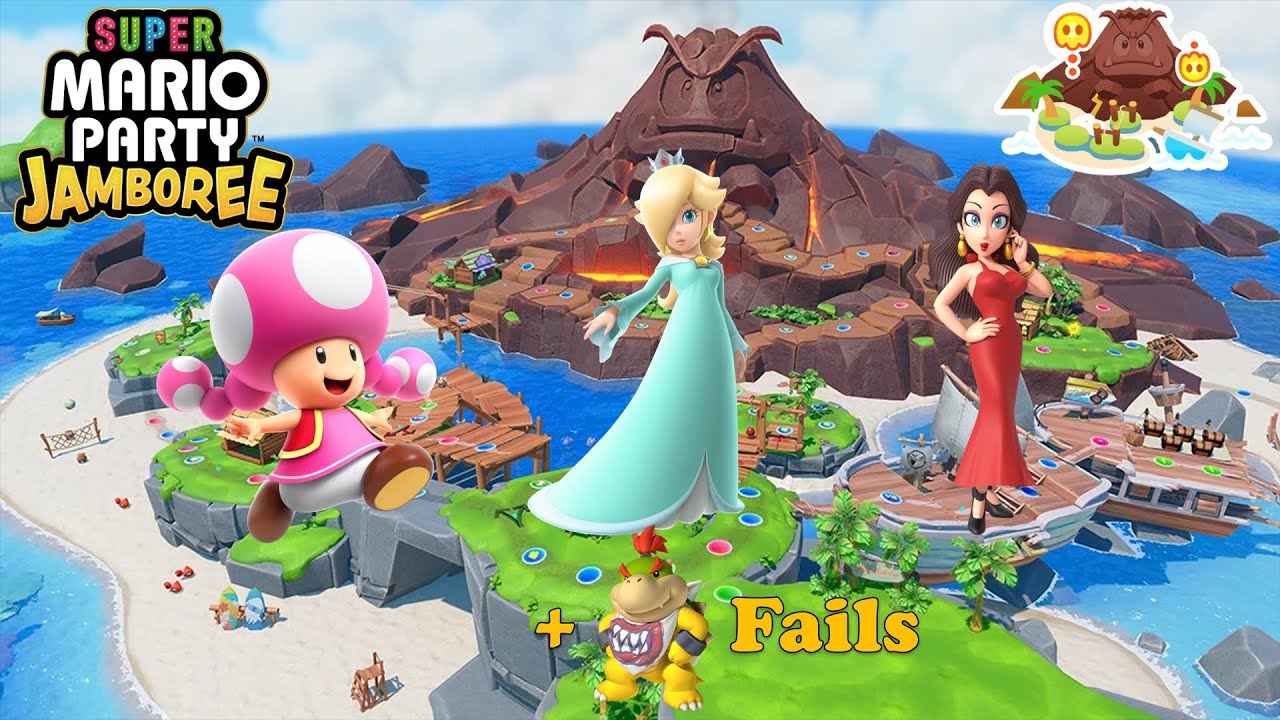 Super Mario Party Jamboree - Toadette vs Rosalina vs Pauline - Goomba Lagoon (+ Bowser Jr Fails)