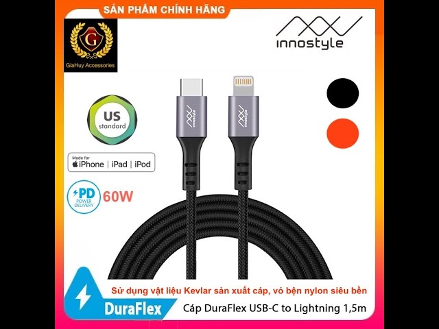 Cáp bện Nylon INNOSTYLE Duraflex USB-C ra Lightning chuẩn MFi dài 1.5m