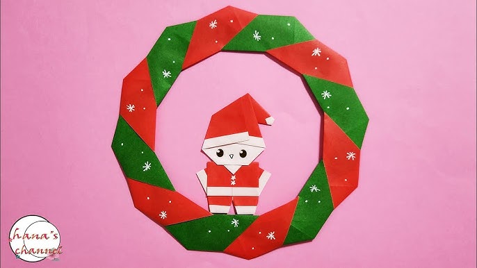 クリスマス 簡単折り紙】リース サンタクロースの折り方 壁飾り用に 