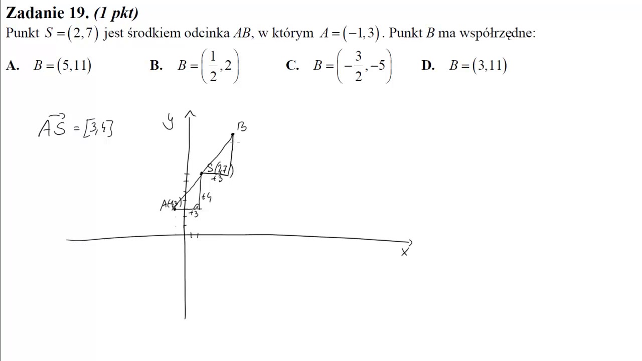 19 Punkt S=2,7 jest środkiem odcinka AB, w którym A=−1,3 Punkt B ma
