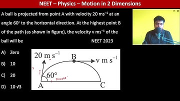 A ball is projected from point A with velocity 20 ms−1 at an angle 60∘ to the horizontal direction.