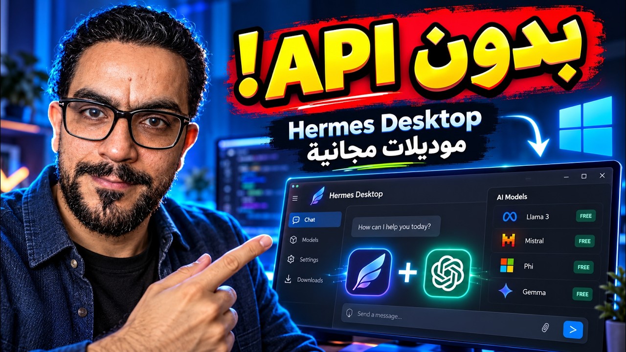 شرح Hermes Desktop على ويندوز 🔥 موديلات مجانية + ChatGPT بدون API