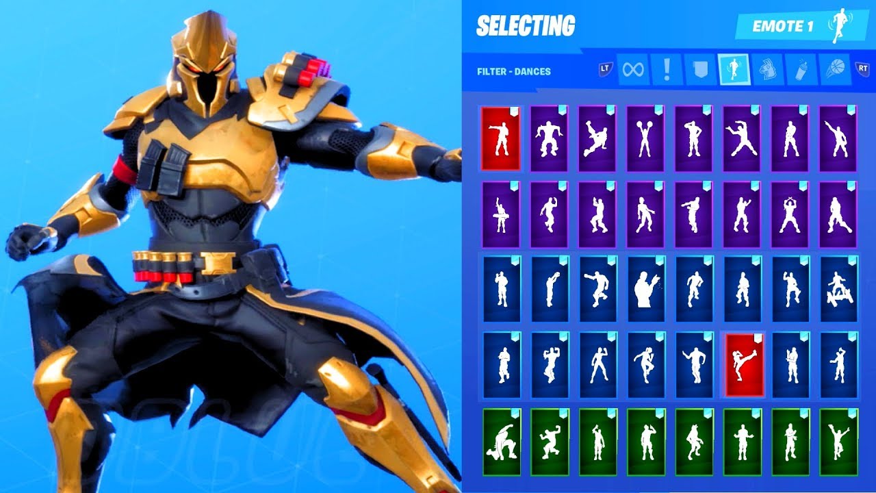 New Fortnite Ultima Knight Gold Skin Showcase With All Dances Emotes Season 10 Outfit Youtube