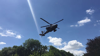 Apache AH64, low flyby and landing