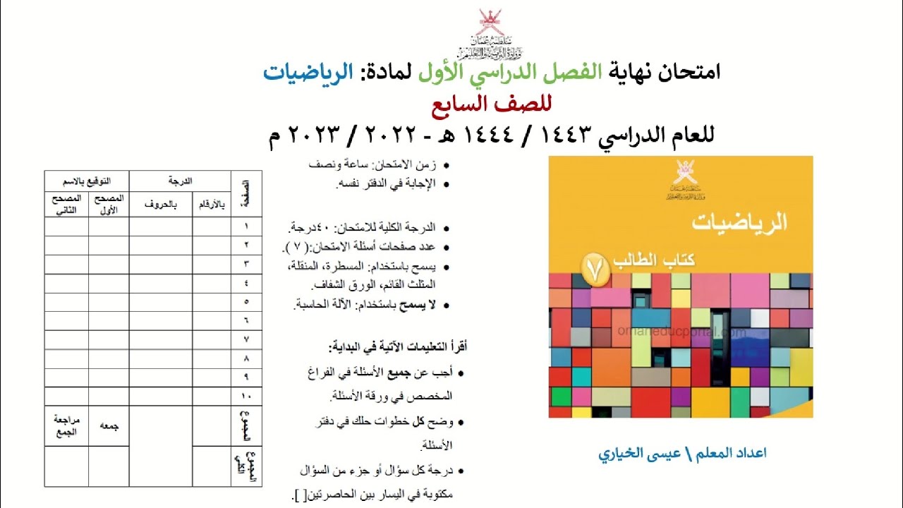 مراجعة الاختبار النهائي للصف السابع في مادة الرياضيات الفصل الدراسي الأول
