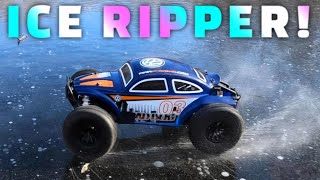 Kyosho RC Car Shreds ICE on the frozen pond with METAL SPIKED TIRES!